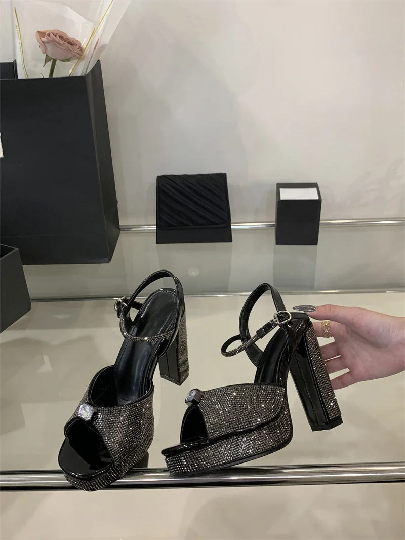 Crystal Rhinestone Wedding Party Square Toe High Heels Sandals