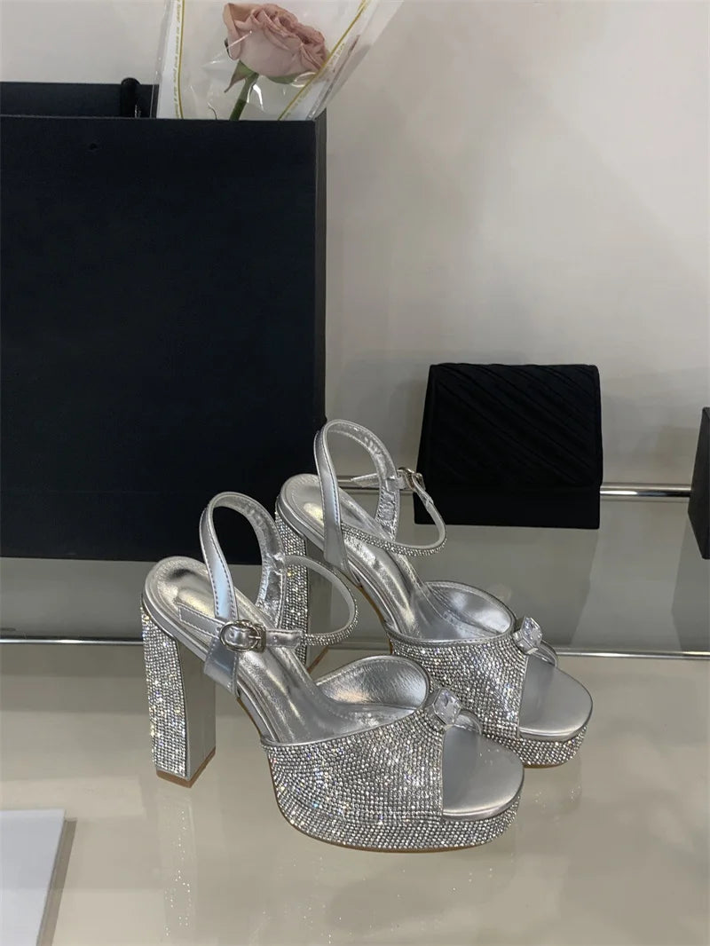 Crystal Rhinestone Wedding Party Square Toe High Heels Sandals