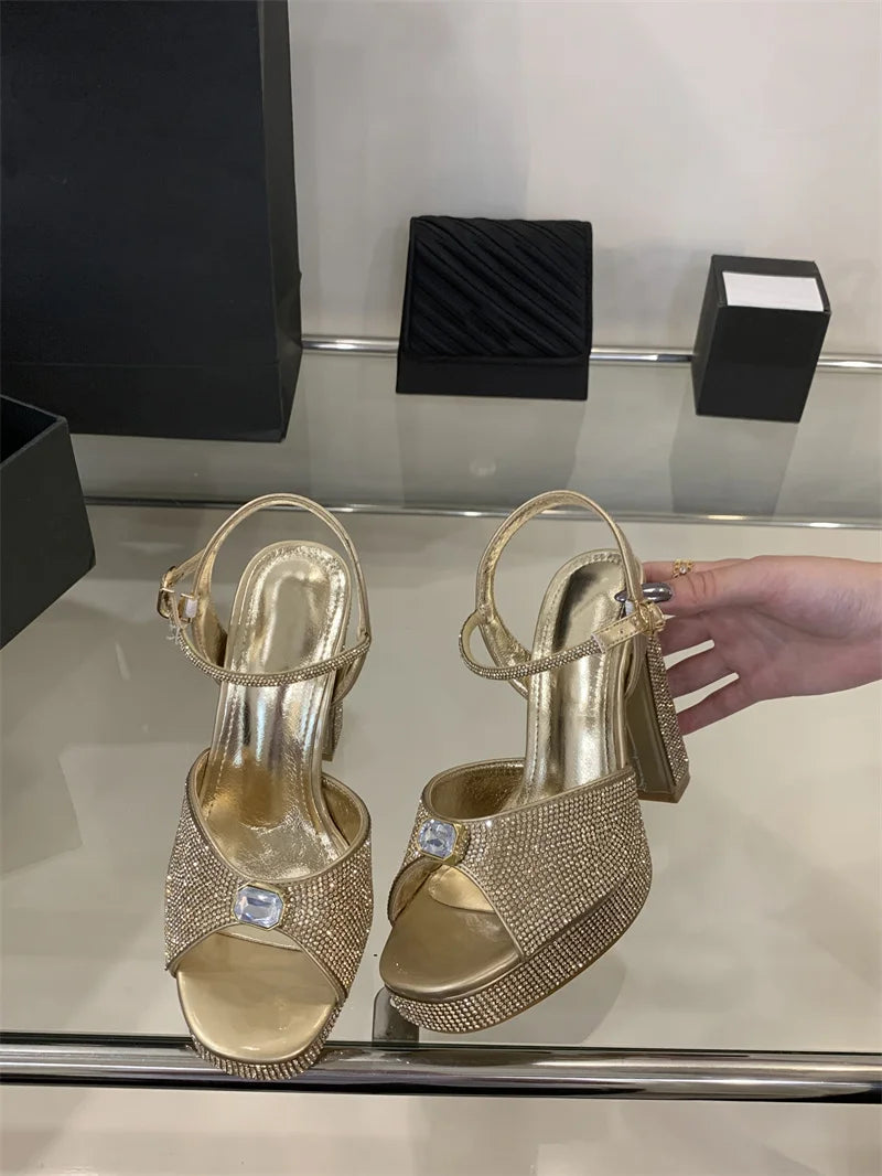Crystal Rhinestone Wedding Party Square Toe High Heels Sandals