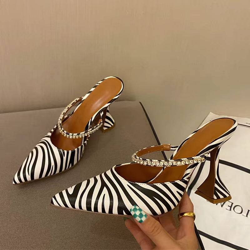 Crystal Slingback Zebra SLIP-ON Pointed Toe Strange Style High Heels