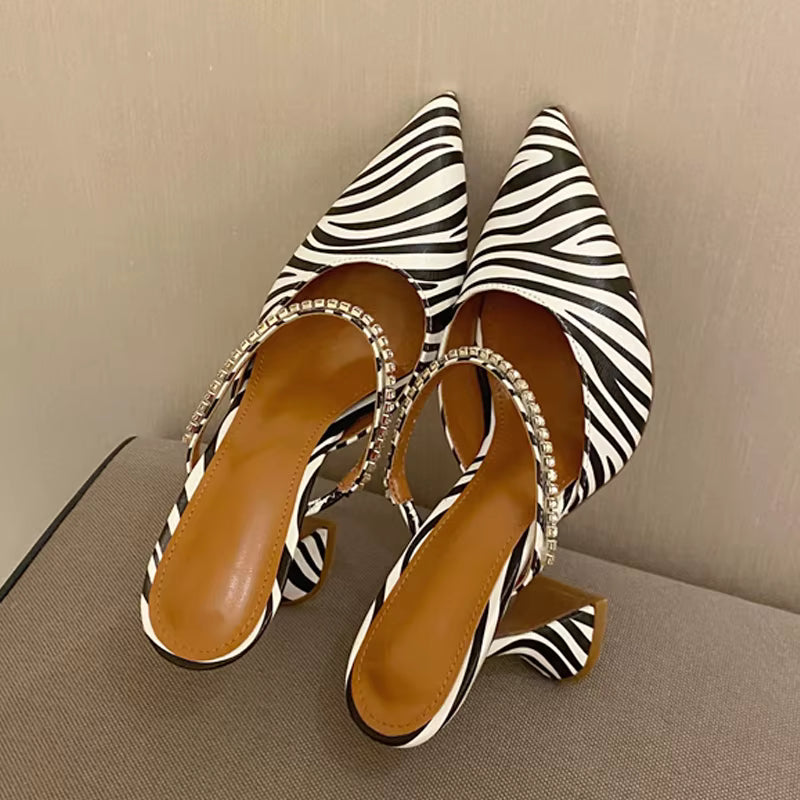 Crystal Slingback Zebra SLIP-ON Pointed Toe Strange Style High Heels