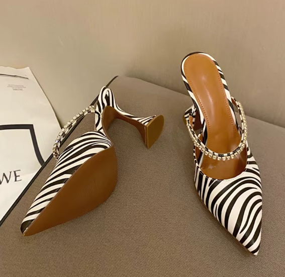 Crystal Slingback Zebra SLIP-ON Pointed Toe Strange Style High Heels
