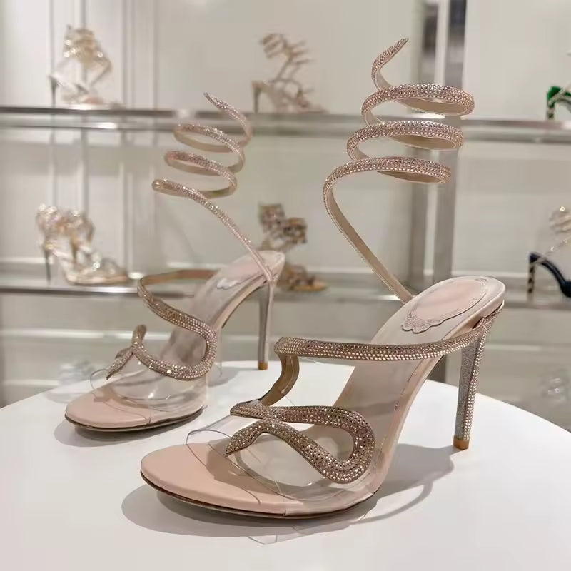 Crystal Snake Twine Around Ankle Strap Party Thin Heels Gladiator Sandals