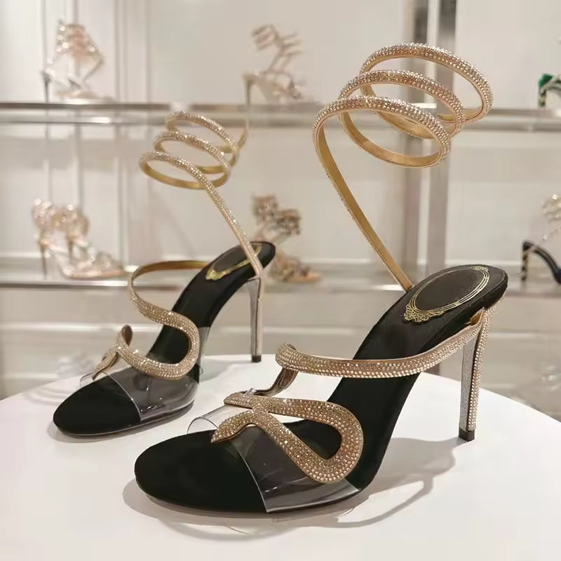 Crystal Snake Twine Around Ankle Strap Party Thin Heels Gladiator Sandals