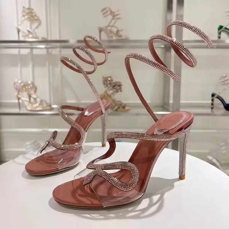 Crystal Snake Twine Around Ankle Strap Party Thin Heels Gladiator Sandals