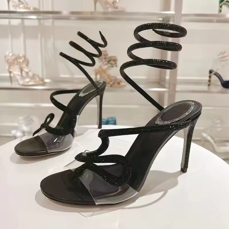 Crystal Snake Twine Around Ankle Strap Party Thin Heels Gladiator Sandals