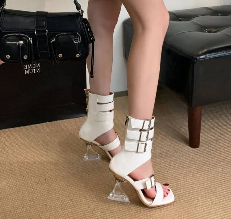 Crystal Transparent Patent Leather Strap Buckle Gladiator High Heels Sandals