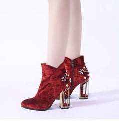 Crystal flower zipper pearl metal fretwork super high heels ankle boots