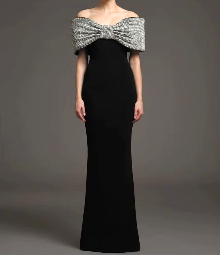 Crystal Bow Bardot Maxi Dress Black