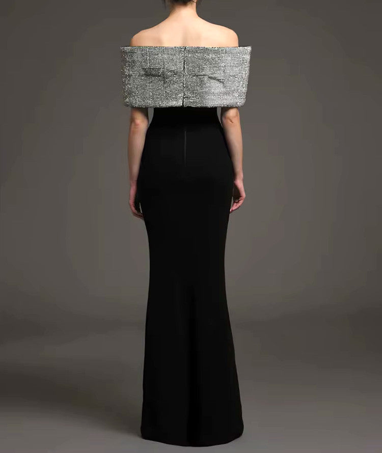 Crystal Bow Bardot Maxi Dress Black