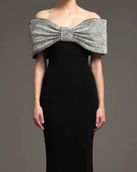 Crystal Bow Bardot Maxi Dress Black