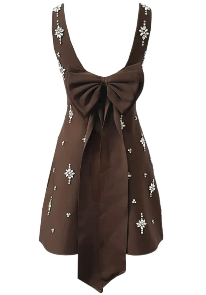 Crystal Bow Detail Backless A Line Dress Brown
