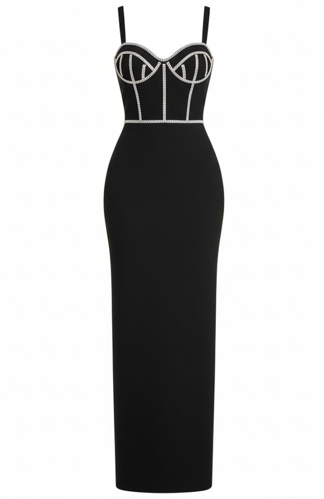 Crystal Embellished Bustier Maxi Dress Black