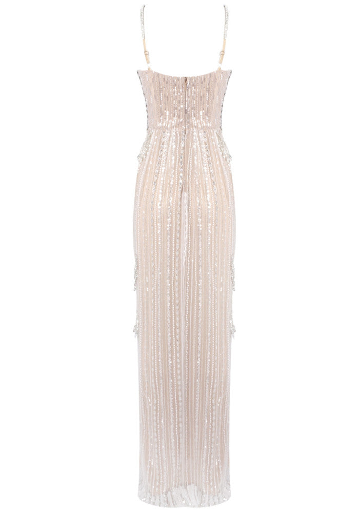 Crystal Sequin Bustier Maxi Dress Nude