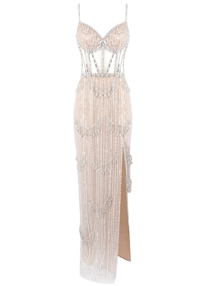Crystal Sequin Bustier Maxi Dress Nude