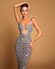 Crystal Bustier Sequin Maxi Dress Silver
