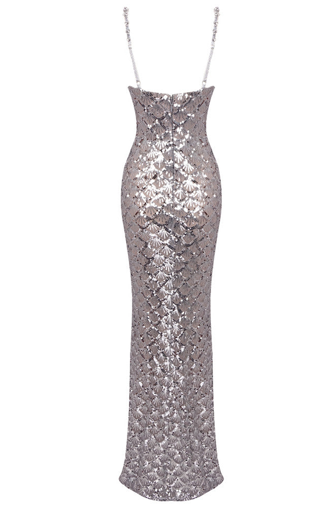 Crystal Bustier Sequin Maxi Dress Silver