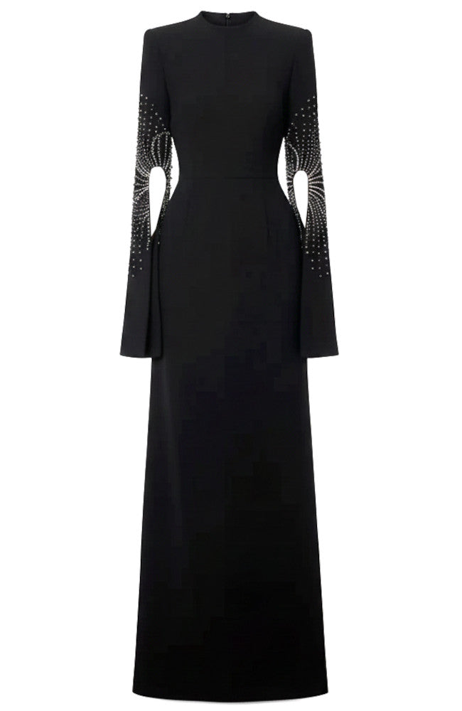 Crystal Embellished Cape Sleeve Maxi Dress Black