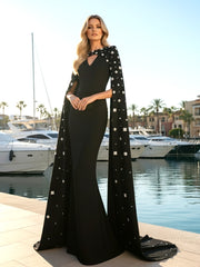 Crystal Cape Sleeve Maxi Dress Black