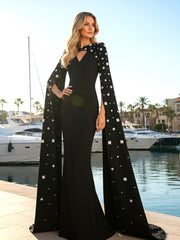 Crystal Cape Sleeve Maxi Dress Black