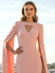 Crystal Cape Sleeve Maxi Dress Pink