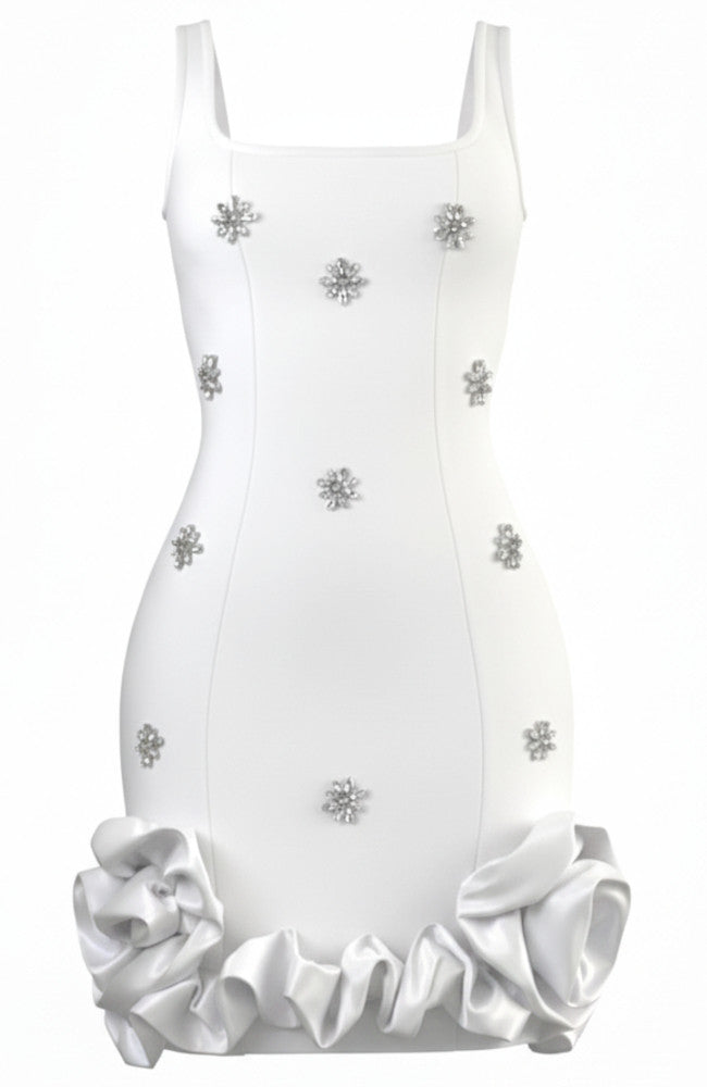 Crystal Detail Floral Puff Hem Dress White