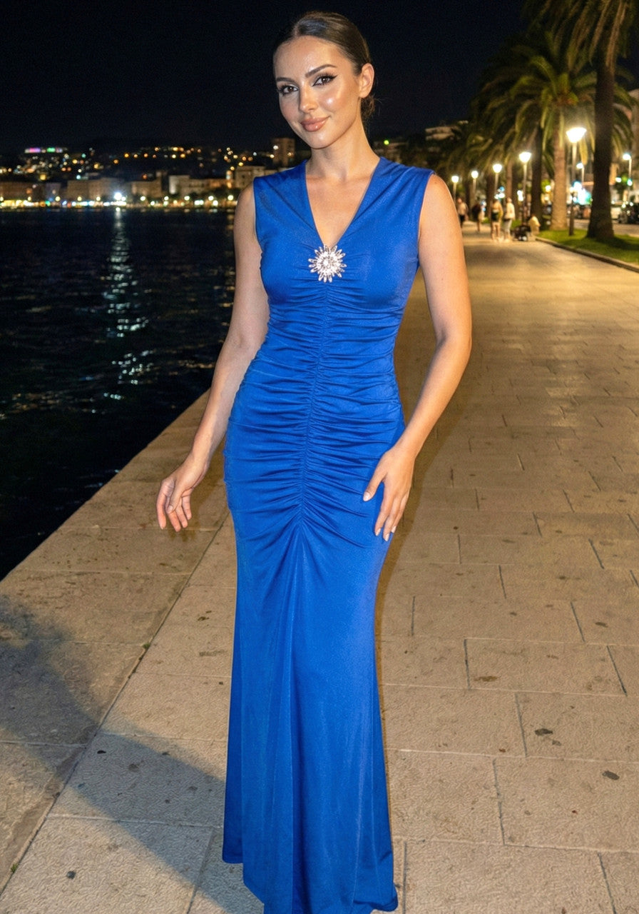 Crystal Detail Ruched Maxi Dress Blue