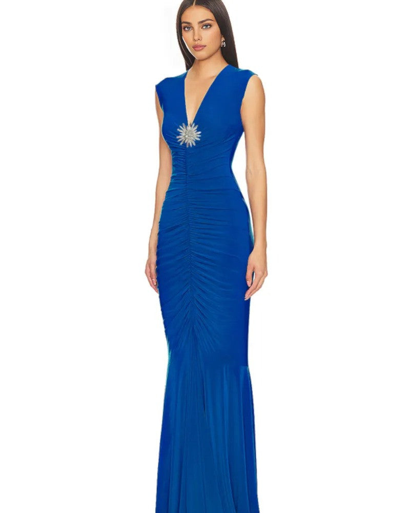 Crystal Detail Ruched Maxi Dress Blue