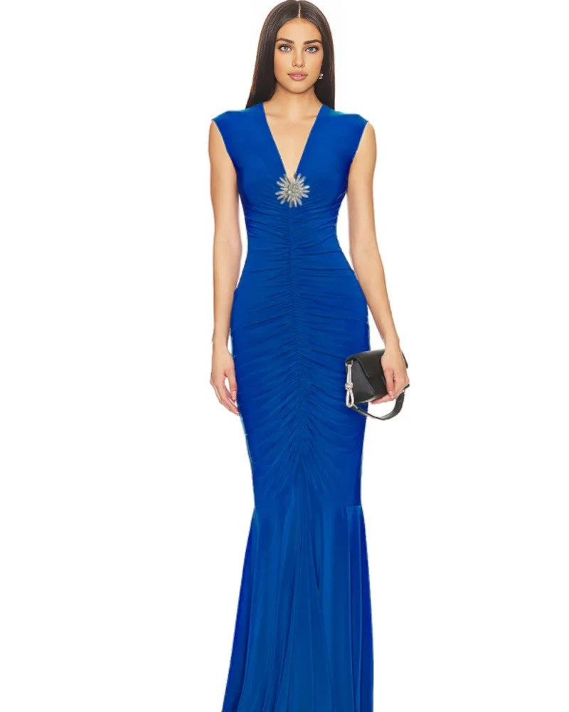 Crystal Detail Ruched Maxi Dress Blue
