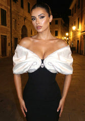 Crystal Draped Bardot Maxi Dress Black White