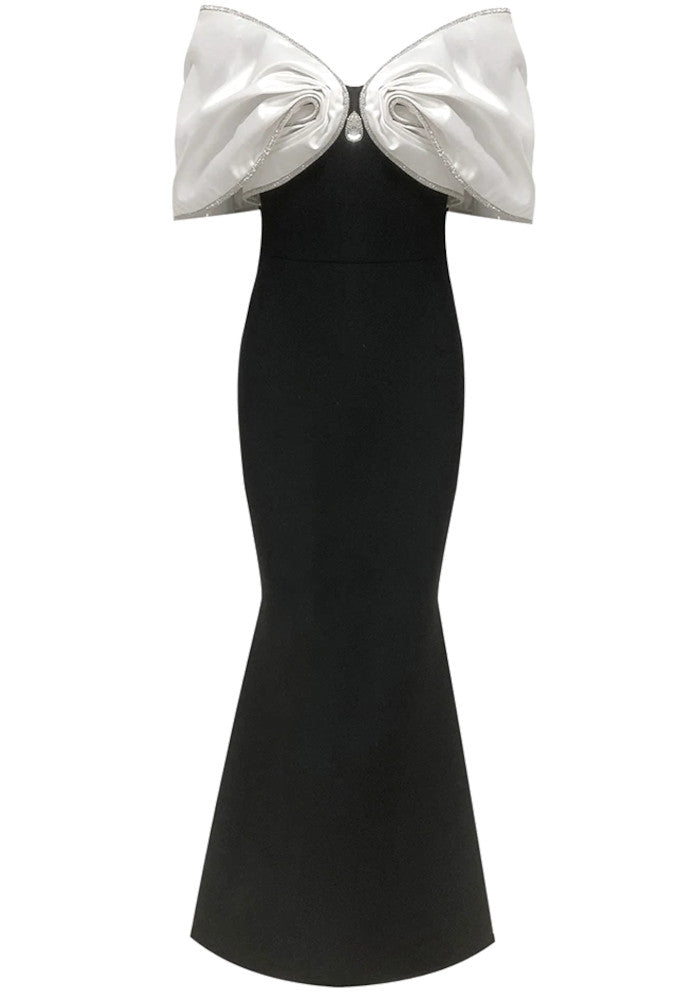 Crystal Draped Bardot Maxi Dress Black White