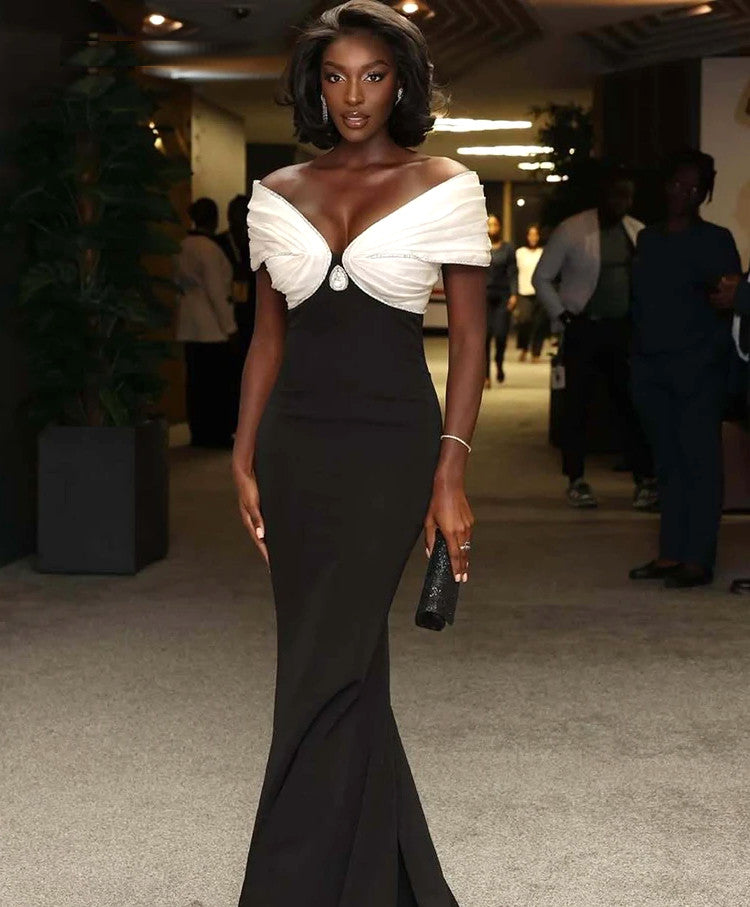 Crystal Draped Bardot Maxi Dress Black White