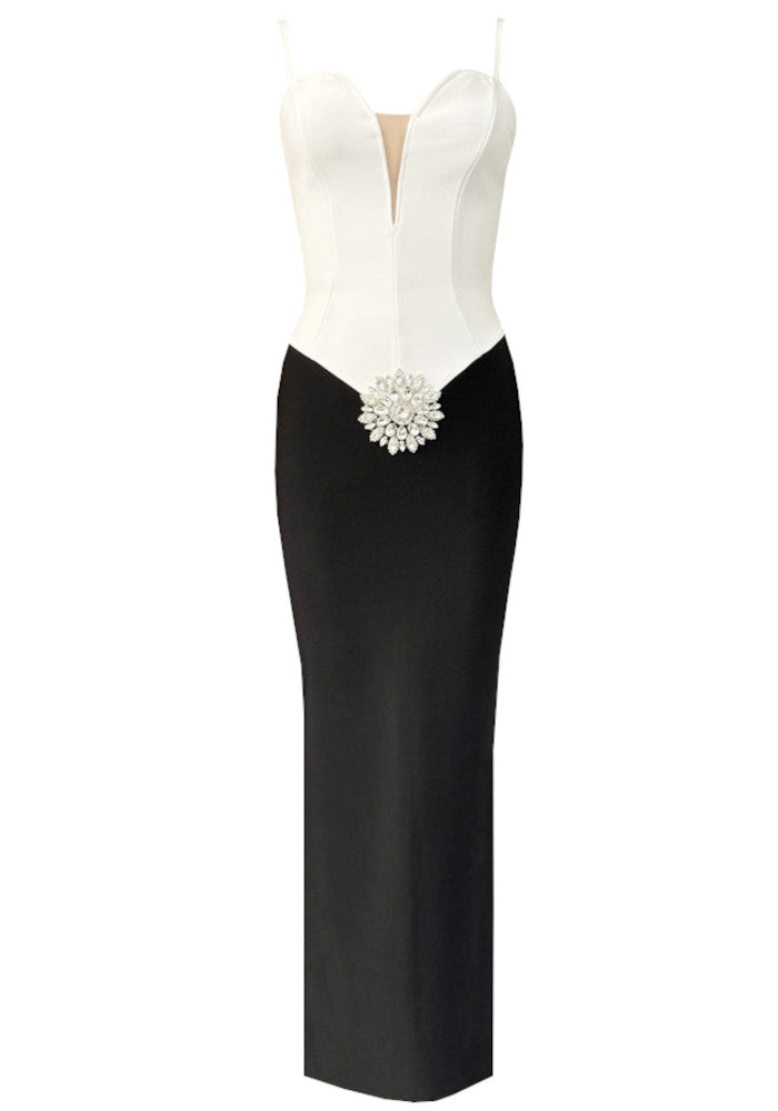 Crystal Floral Detail Maxi Dress Black White
