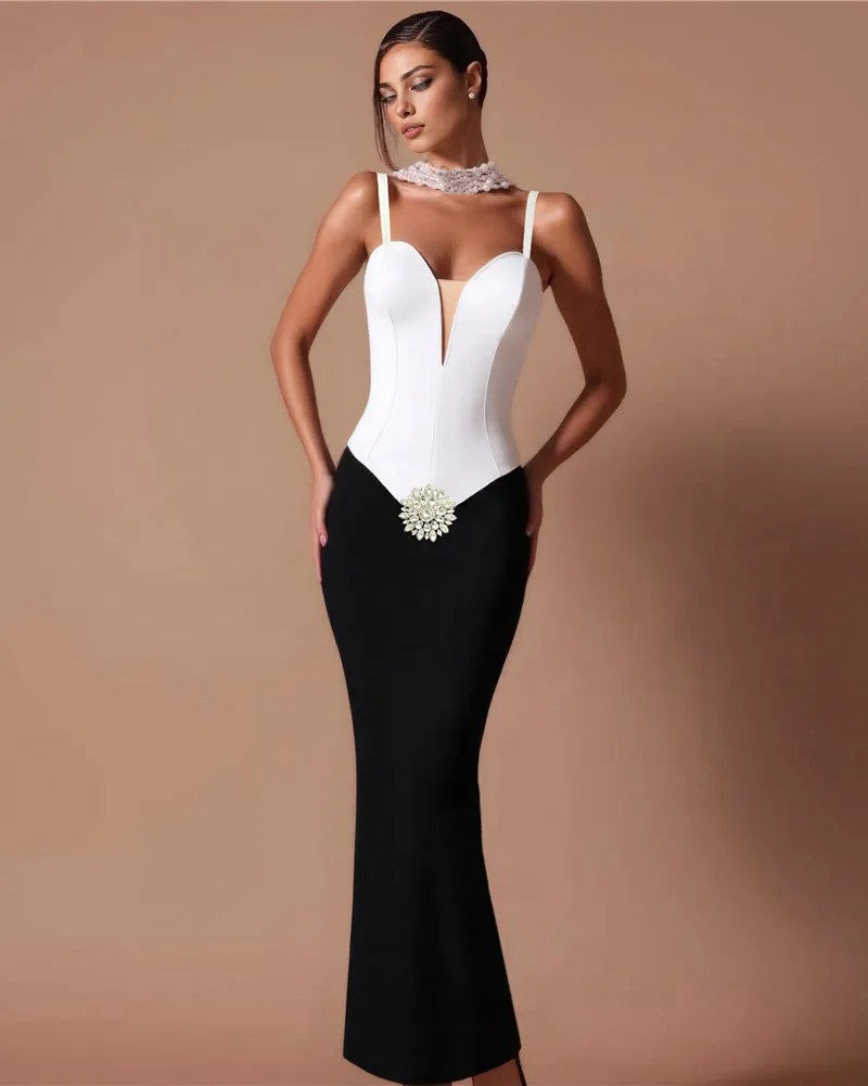 Crystal Floral Detail Maxi Dress Black White