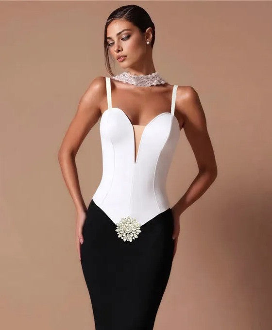 Crystal Floral Detail Maxi Dress Black White