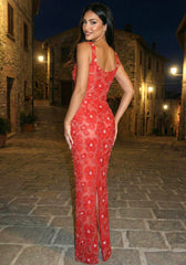 Crystal Floral Maxi Dress Red