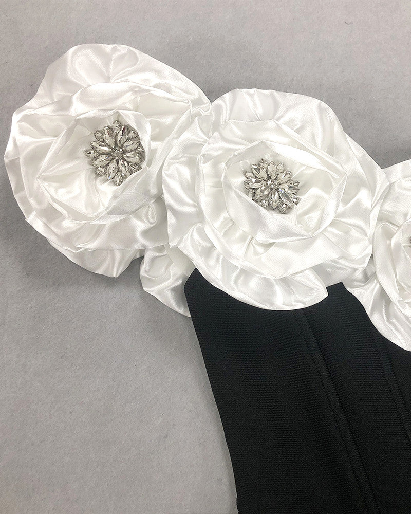 Crystal Detail Floral Bardot Maxi Dress Black White