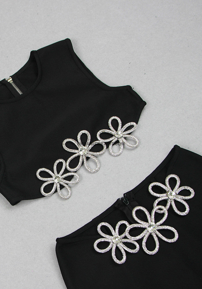 Crystal Flower Two Piece Dress Black