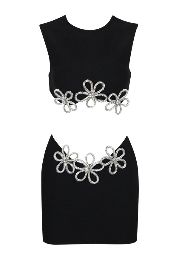 Crystal Flower Two Piece Dress Black