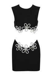 Crystal Flower Two Piece Dress Black