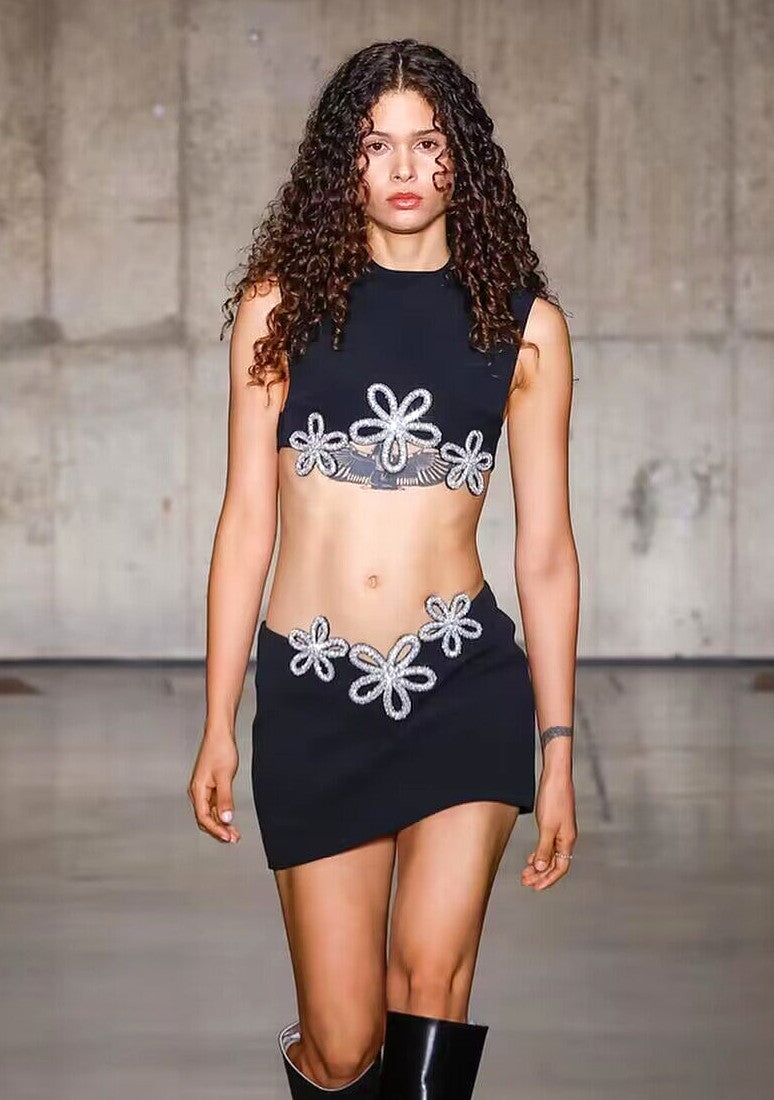 Crystal Flower Two Piece Dress Black