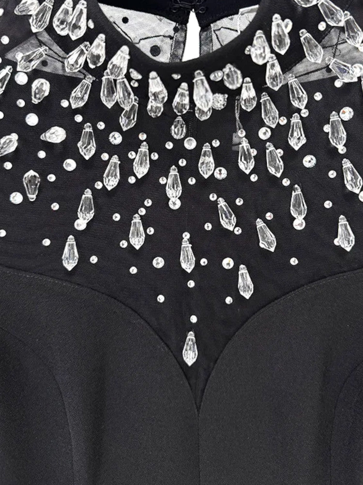 Long Sleeve Crystal Mesh A Line Maxi Dress Black