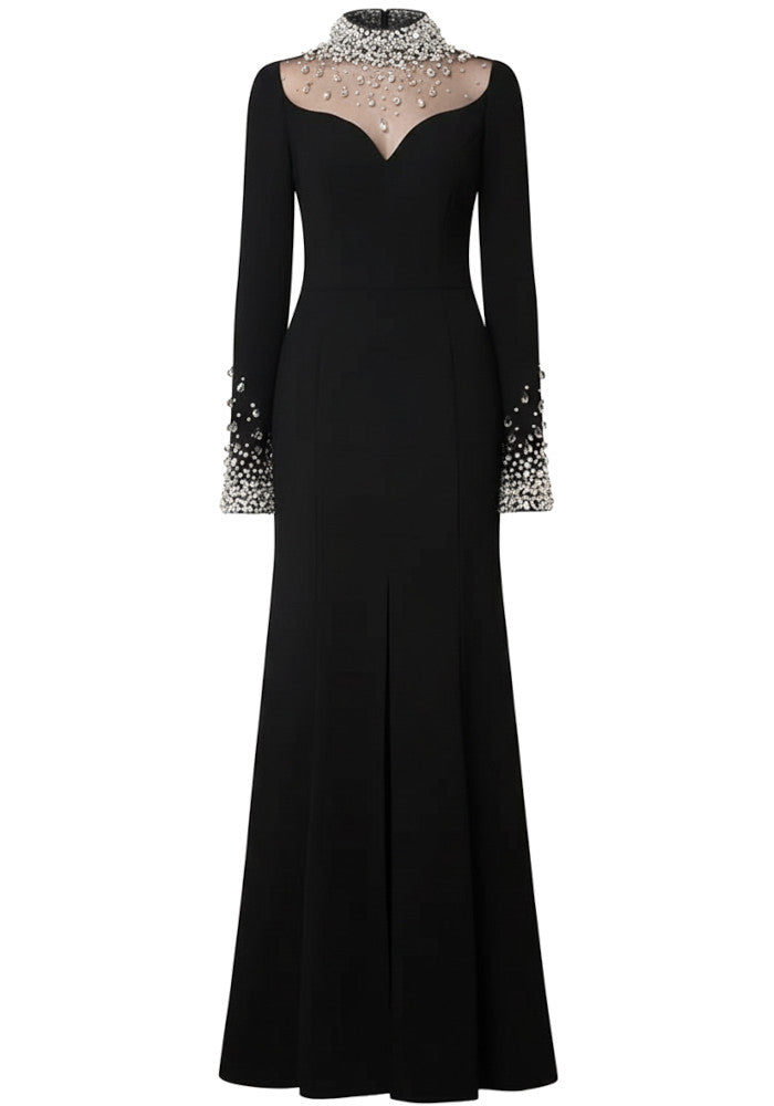 Long Sleeve Crystal Mesh A Line Maxi Dress Black