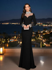 Long Sleeve Crystal Mesh A Line Maxi Dress Black