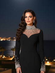 Long Sleeve Crystal Mesh A Line Maxi Dress Black