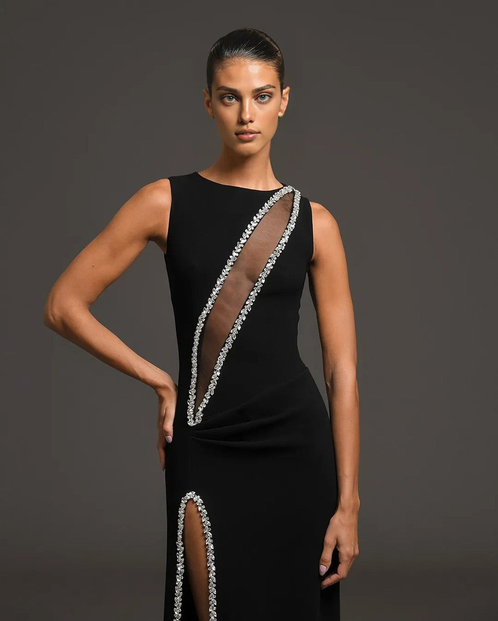 Crystal Mesh Insert Maxi Velvet Dress Black