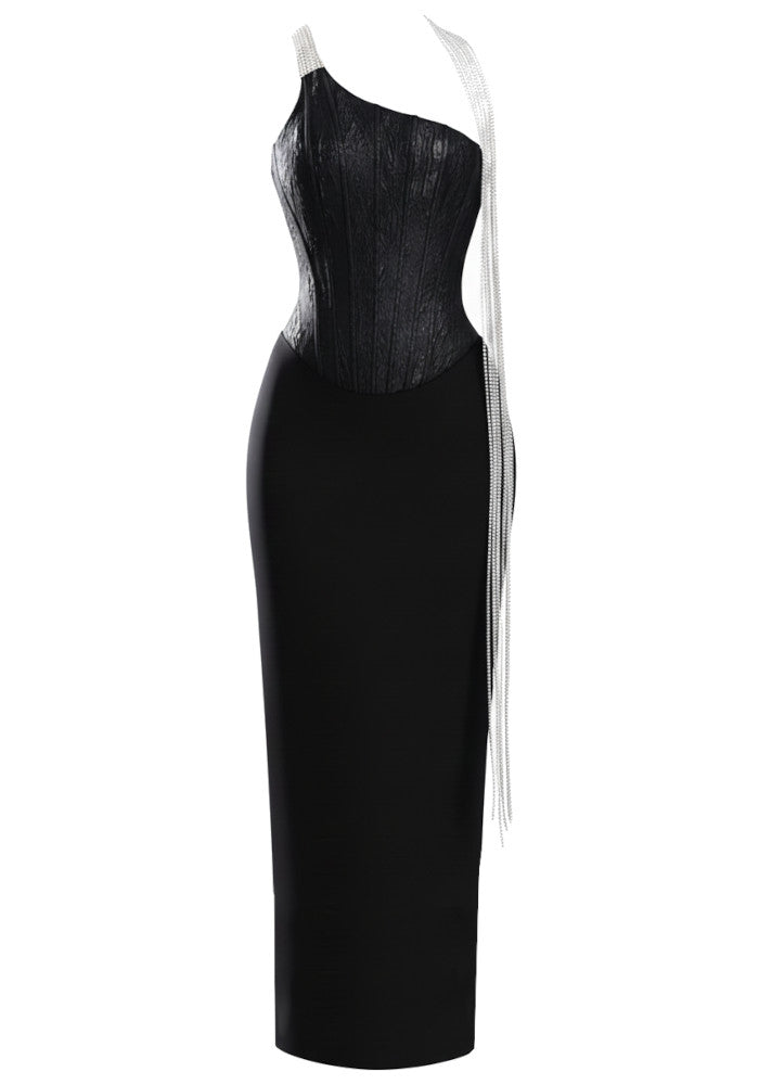 Crystal One Shoulder Structured Maxi Dress Black