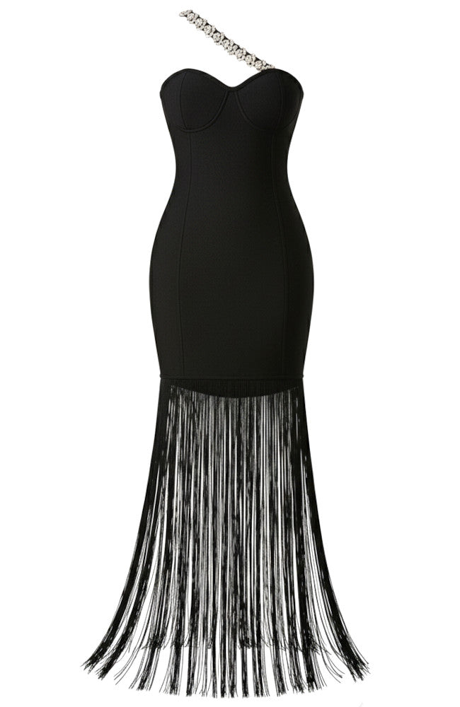 Crystal One Shoulder Tassel Maxi Dress Black