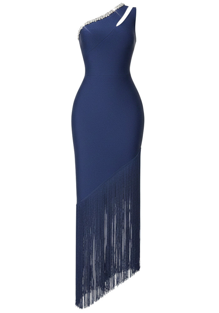 Crystal One Shoulder Tassel Maxi Dress Navy Blue