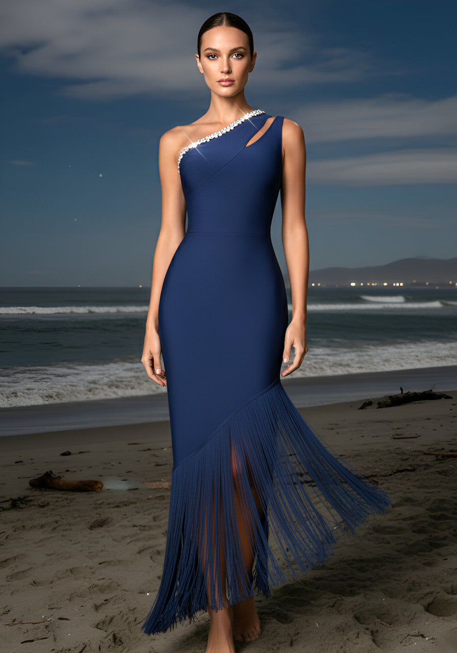 Crystal One Shoulder Tassel Maxi Dress Navy Blue